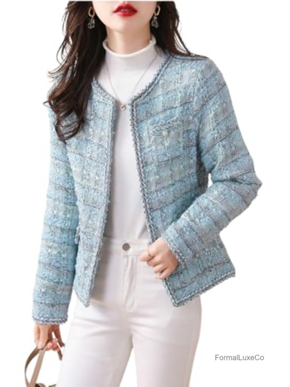 Elegant Open Front Tweed Blazer Slim Fit Collarless Jacket - Picture 1 of 4